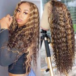 Pizazz 13x4 Transparent Honey Blonde Deep Wave Human Hair Wigs for Black women 180 Density Ombre Highlight HD Lace Frontal Wigs Human Hair Pre Plucked with Baby Hair18 Inch