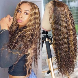 Pizazz 13x4 Transparent Honey Blonde Deep Wave Human Hair Wigs for Black women 180 Density Ombre Highlight HD Lace Frontal Wigs Human Hair Pre Plucked with Baby Hair18 Inch