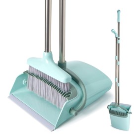 XXXFLOWER Broom and Dustpan Set with Cleaning Teeth, 55 Long Handle Indoor Sweeping Combo for Home Office Kitchen, Bluish Green