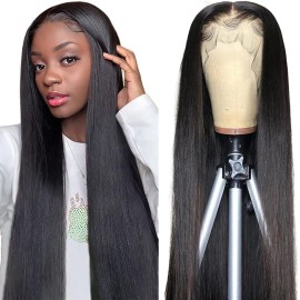 Subella 13x5inch HD Transparent Lace Front Wigs Human Hair Pre Plucked Hairline with Baby Hair 220% Density 12A Straight HD Lace Frontal Wig for Black Women (16inch)