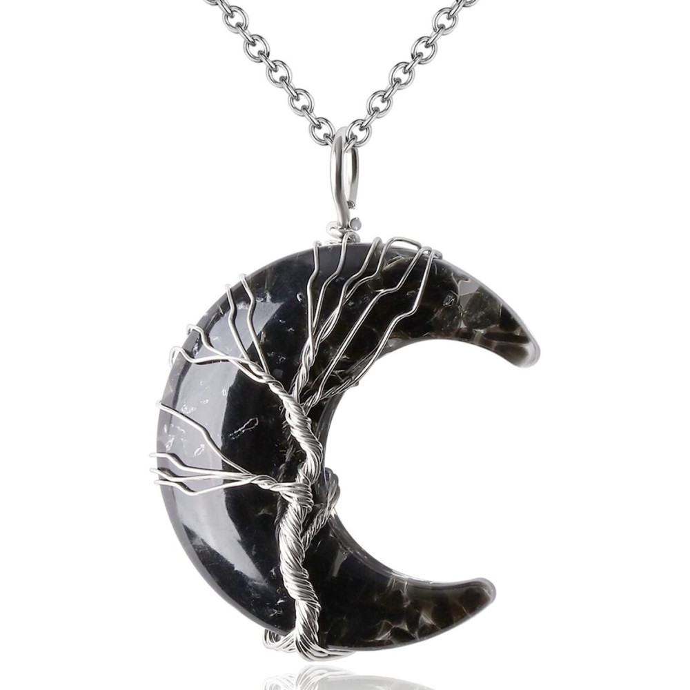 MAIBAOTA Black Obsidian Necklace Healing Crystal Stones Tree Life Wire Wrapped Crescent Moon Phase Pendant Necklace Mothers Day Gifts for Mom Gemstone Witch Jewelry Gifts for Women