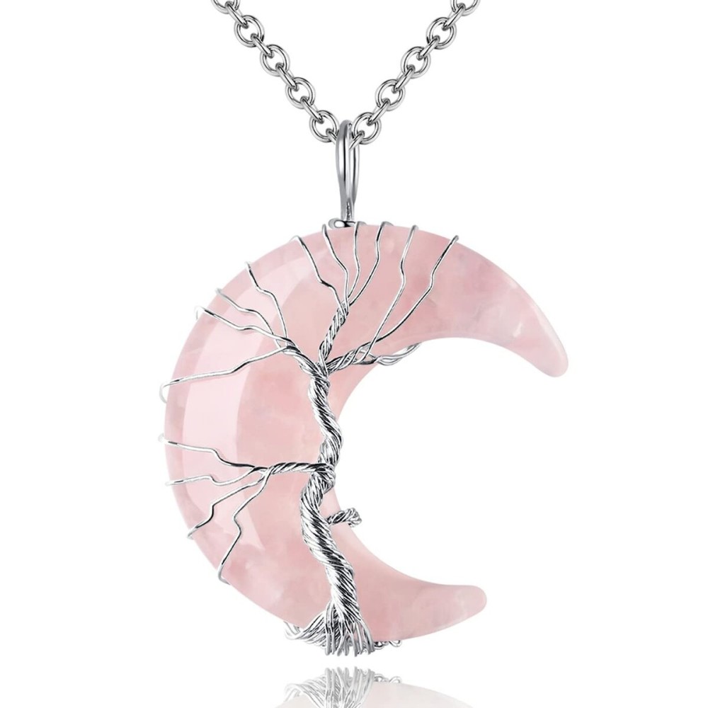 MAIBAOTA Rose Quartz Necklace Healing Crystal Stones Tree Life Wire Wrapped Crescent Moon Phase Pendant Necklace Mothers Day Gifts for Mom Gemstone Witch Jewelry Gifts for Women