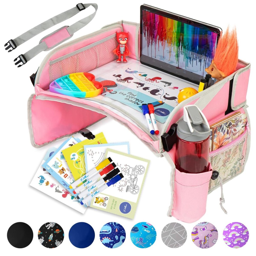 PILLANI Kids Travel Tray for Car - Car Seat Tray for Kids Travel, Road Trip Essentials, Carseat Table for Roadtrip Activities - Must Have Toddler Lap Desk Organizer for Airplane - Car Accessories
