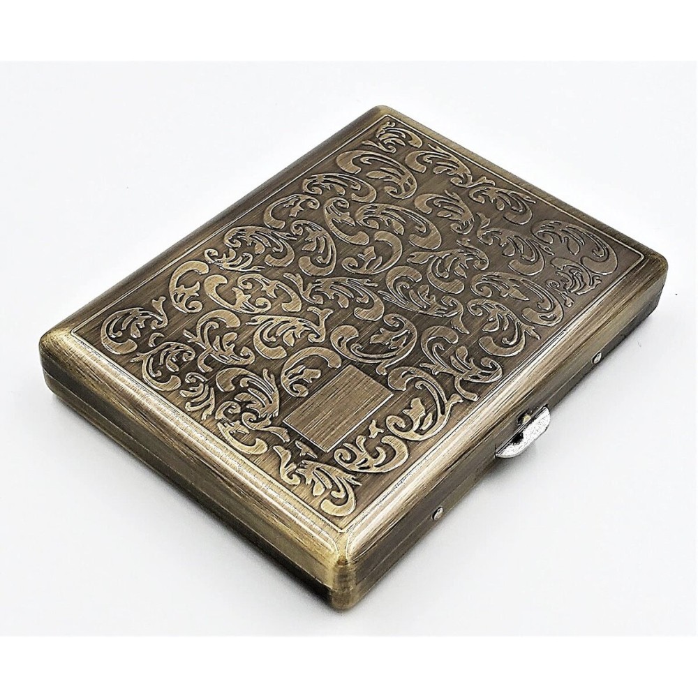 Retro Cigarette Case Victorian Style Metal Holder for Regular, King and 100\'s Size Credit Card Holder Pocket Security Wallet, Large Antique Brass Boteh Design (Flo-L100AB, Antique Brass)