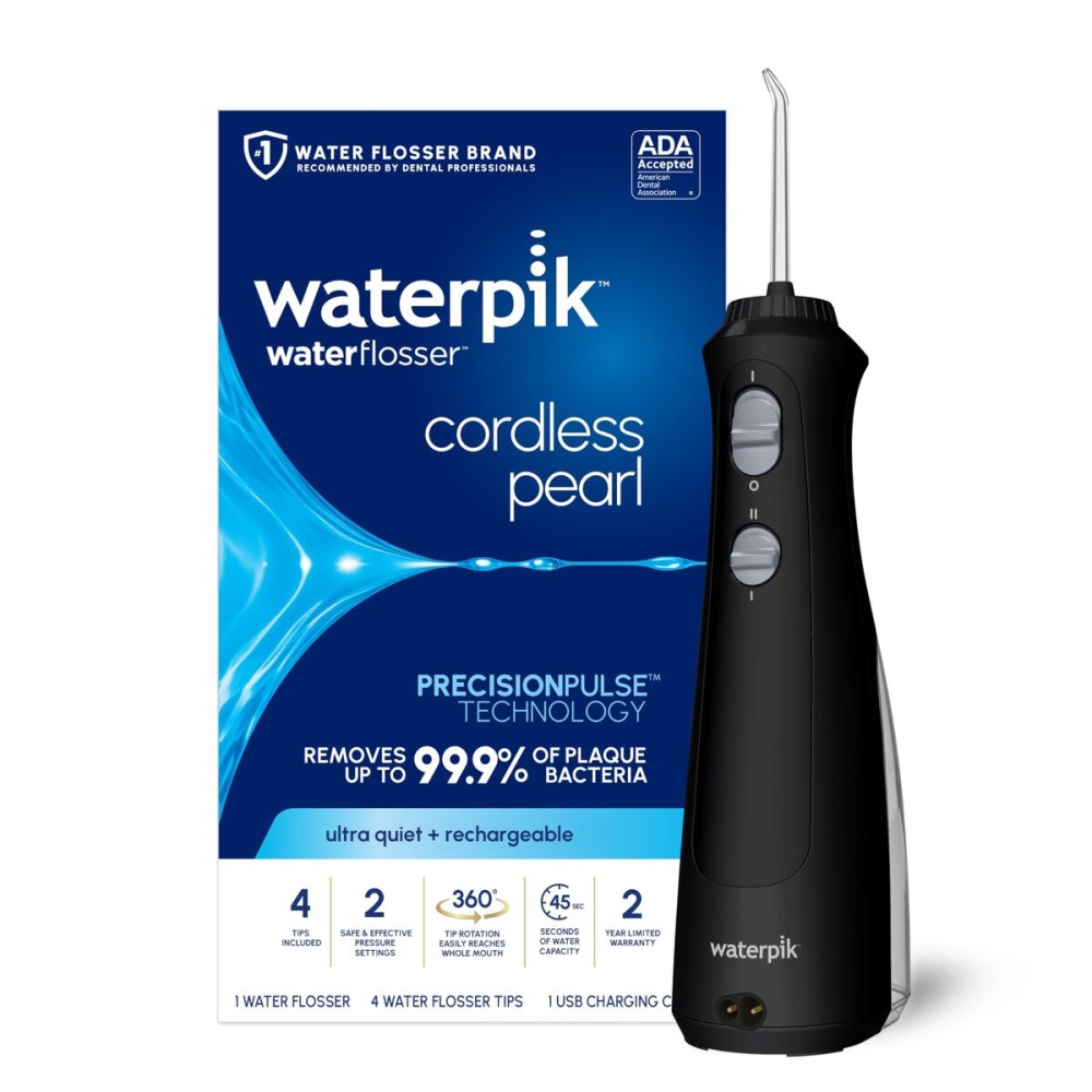 Waterpik Cordless Pearl Rechargeable Portable Water Flosser for Teeth, Gums, Braces Care and Travel with 4 Flossing Tips - ADA Accepted, WF-13 Black, Packaging May Vary