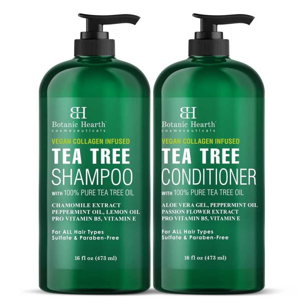 Botanic Hearth Vegan Collagen Infused Tea Tree Shampoo and Conditioner Set, 16 fl oz each - Sulfate Free, Paraben Free - For Itchy and Dry Scalp - Men and Women
