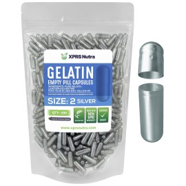 XPRS Nutra Size 2 Empty Capsules - 500 Count Empty Gelatin Capsules - Pills DIY Capsule Filling - Pure Bovine Pill Gel Caps for Do-It-Yourself Supplements (Silver)