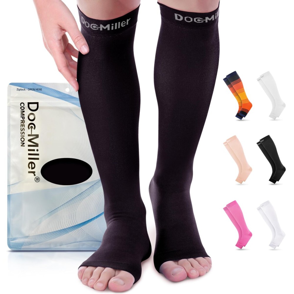 Doc Miller, Open Toe Compression Socks, 8-15 mmHg, Toeless, Support Circulation, Shin Splints, Calf Recovery, Varicose Veins, Knee High, Medical Grade, Black Socks, 4X-Large Size for Men & Women, Pair