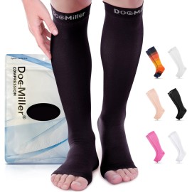 Doc Miller, Open Toe Compression Socks, 8-15 mmHg, Toeless, Support Circulation, Shin Splints, Calf Recovery, Varicose Veins, Knee High, Medical Grade, Black Socks, 4X-Large Size for Men & Women, Pair