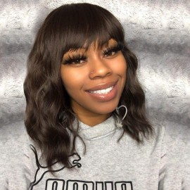 Ucubb Short Curly Wig with Bangs for Women 14 Inches Dark Brown Wavy Bob Wig Synthetic Heat Resistant Fiber Wigs (Dark Brown)