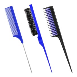 Patelai 3 Pieces Women\'s Hair Styling Set - Fluffy Hair Brush, Rat Tail Comb, and Triple Combing Comb for Back Combing (Blue)