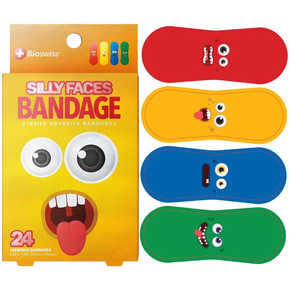 BioSwiss Bandages, Silly Faces Shaped Self Adhesive Bandage Set, Latex Free Sterile Wound Care, 24 Count