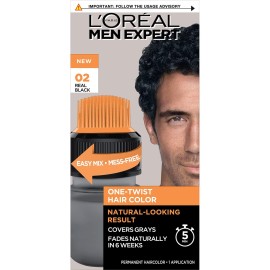 LOreal Paris Men Expert One Twist Mess Free Permanent Hair Color, Mens Hair Dye to Cover Grays, Easy Mix Ammonia Free Application, Real Black 02, 1 Application Kit