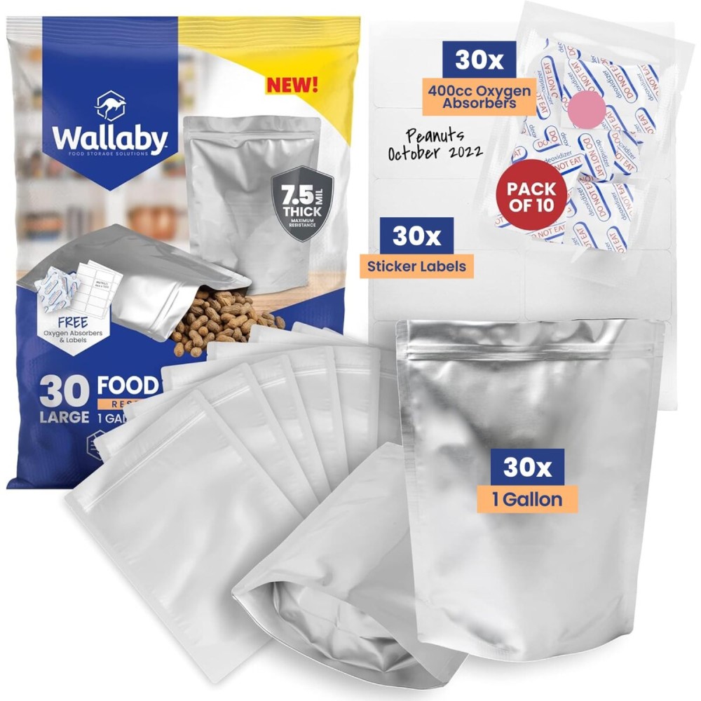 Wallaby 30 Count 1-Gallon Gusset Mylar Bags with 400cc Oxygen Absorbers, 15 Mil Total Thickness Long-Term Food Storage Pouches, 10x14 Stand-Up Zipper Heat-Sealable Airtight Packaging - Silver