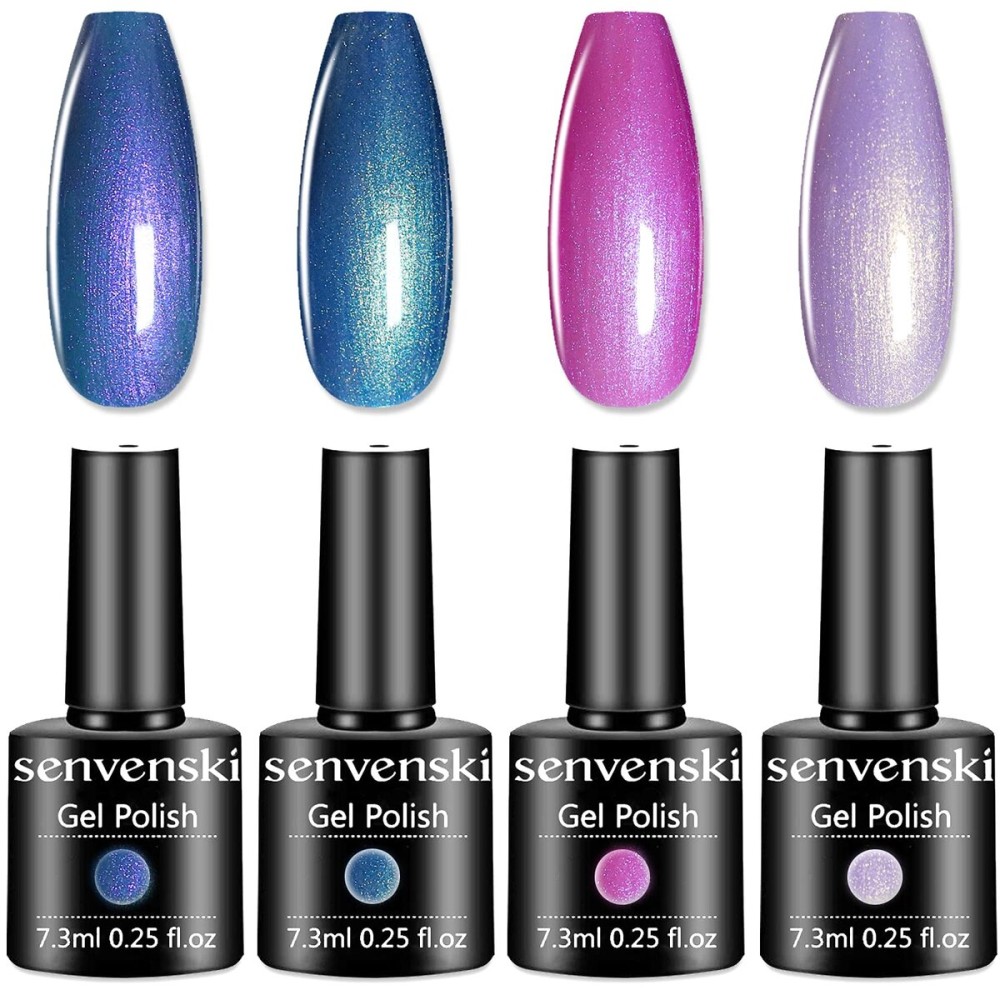 senvenski Pearl Mermaid Gel Nail Polish Kit - UV/LED Soak Off Nail Art Set with Purple Blue Green Pink Holographic Shell Shiny Glitter Colors | Manicure Gift Kit for Women Salon Home Use (CS014)