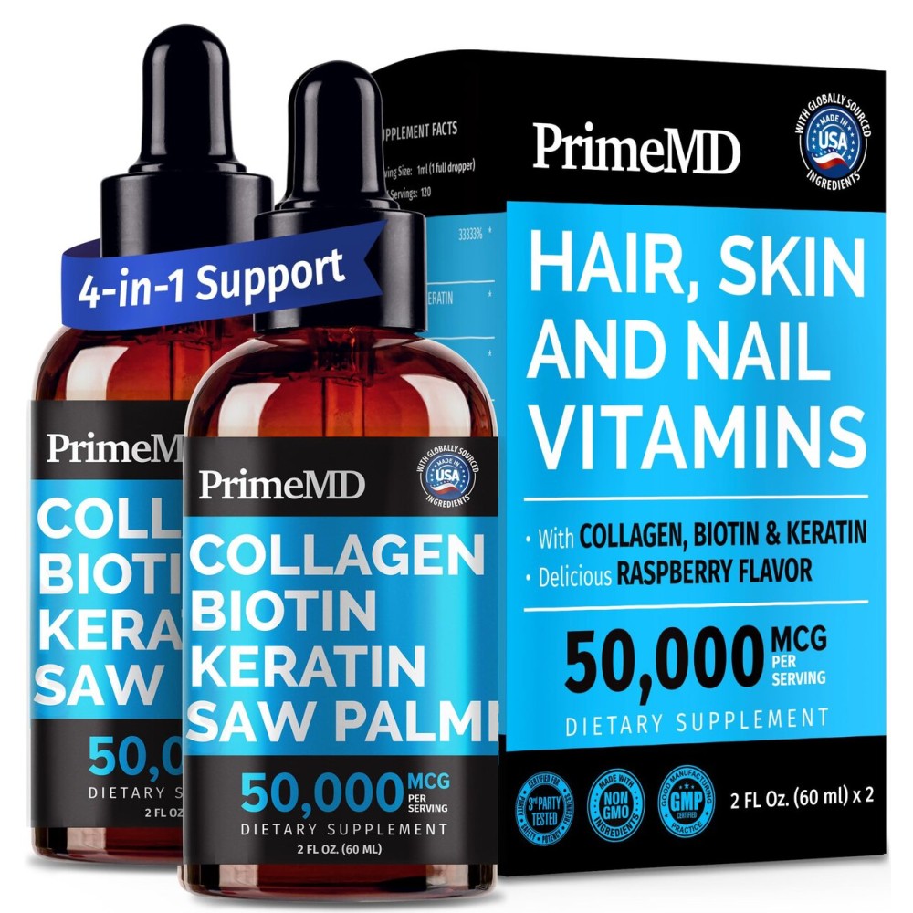 Liquid Collagen Peptides for Women - Serum Complex with Biotin Vitamin, Hydrolyzed Keratin Protein and Saw Palmetto - Comprehensive Formula for Hair, Skin, and Nails Wellness - 2fl oz (Pack of 2)