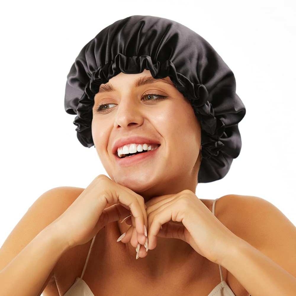 ELIHAIR Stain Bonnet Silky Sleep Cap Adjustable Satin Cap for Night Sleeping Hair Bonnet Reversible Double Layer Jet Black
