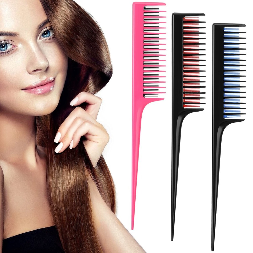 Leinuosen 3 Pcs Triple Teasing Comb for Women Plastic Rat Tail Comb Heat Resistant Pintail Tease Layer Tool for Thick Fine Hair Styling Backcombing Volume Structure(Black and Red Blue Pink)