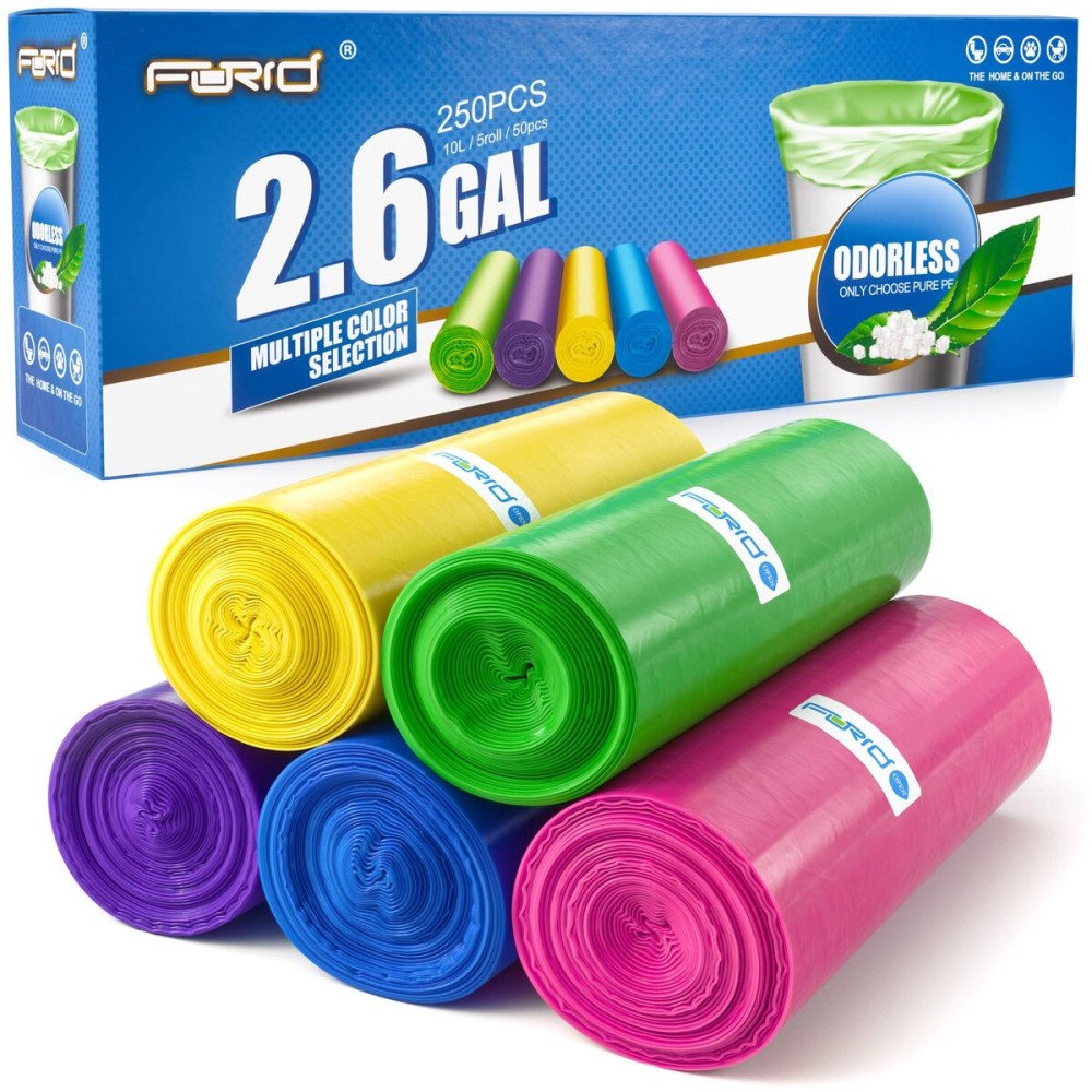 FORID Small Bathroom Trash Bags - 2.6 Gallon Colored Garbage 250 Bags 10 Liter Unscented Waste Can Liners Wastebasket Liner For Home Office (2-3 Gal) - Durable & Thick Trash Bag Multi Colored