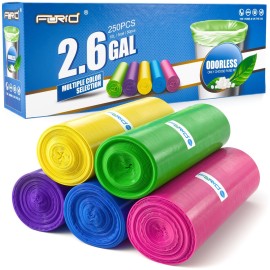 FORID Small Bathroom Trash Bags - 2.6 Gallon Colored Garbage 250 Bags 10 Liter Unscented Waste Can Liners Wastebasket Liner For Home Office (2-3 Gal) - Durable & Thick Trash Bag Multi Colored