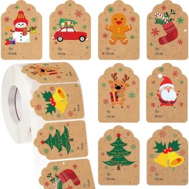 Zonon 720 Pieces Self Adhesive Christmas Gift Tag Xmas Kraft Name Tags Natural Kraft Xmas Stickers Paper Tags Labels for Christmas Decoration(Stylish Style)