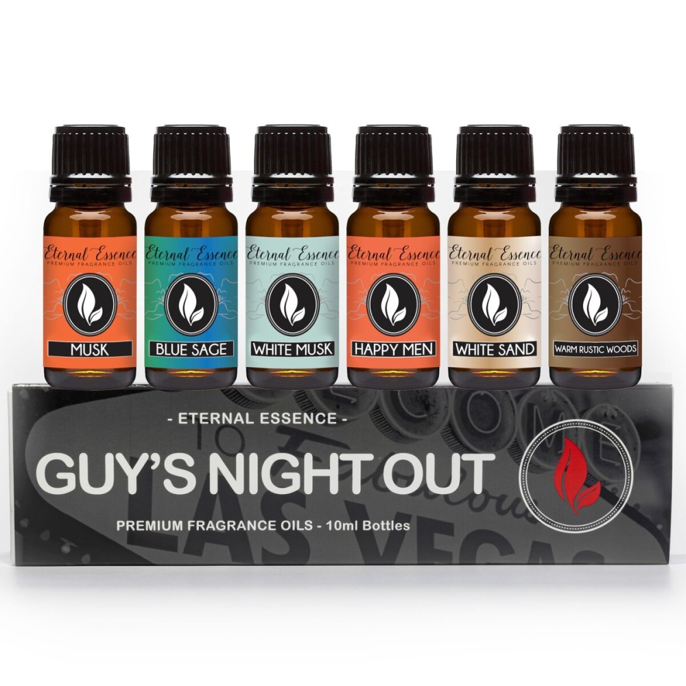 Eternal Essence Oils Guy\'s Night Out Set of 6 Premium Fragrance Oils - Includes Including Happy Men, Blue Sage, White Sand, Warm Rustic Woods, Musk, and White Musk Scented Oils - 10ML
