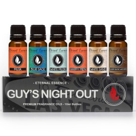 Eternal Essence Oils Guy\'s Night Out Set of 6 Premium Fragrance Oils - Includes Including Happy Men, Blue Sage, White Sand, Warm Rustic Woods, Musk, and White Musk Scented Oils - 10ML