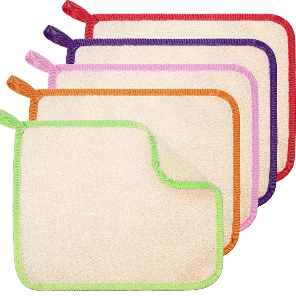 Tatuo 5 Pcs Exfoliating Face and Body Wash Cloths Towel Weave Bath Exfoliating Scrub Massage Bath Cloth for Women and Men, 10.63 x 9.05 Inch(Green, Orange, Pink, Purple, Red Edge)