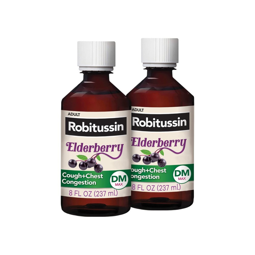 Robitussin Maximum Strength Elderberry Cough Plus Chest Congestion DM, Cough Suppressant for Adults, Providing Non Drowsy Liquid Cough and Chest Congestion Relief - 2x8 Fl Oz