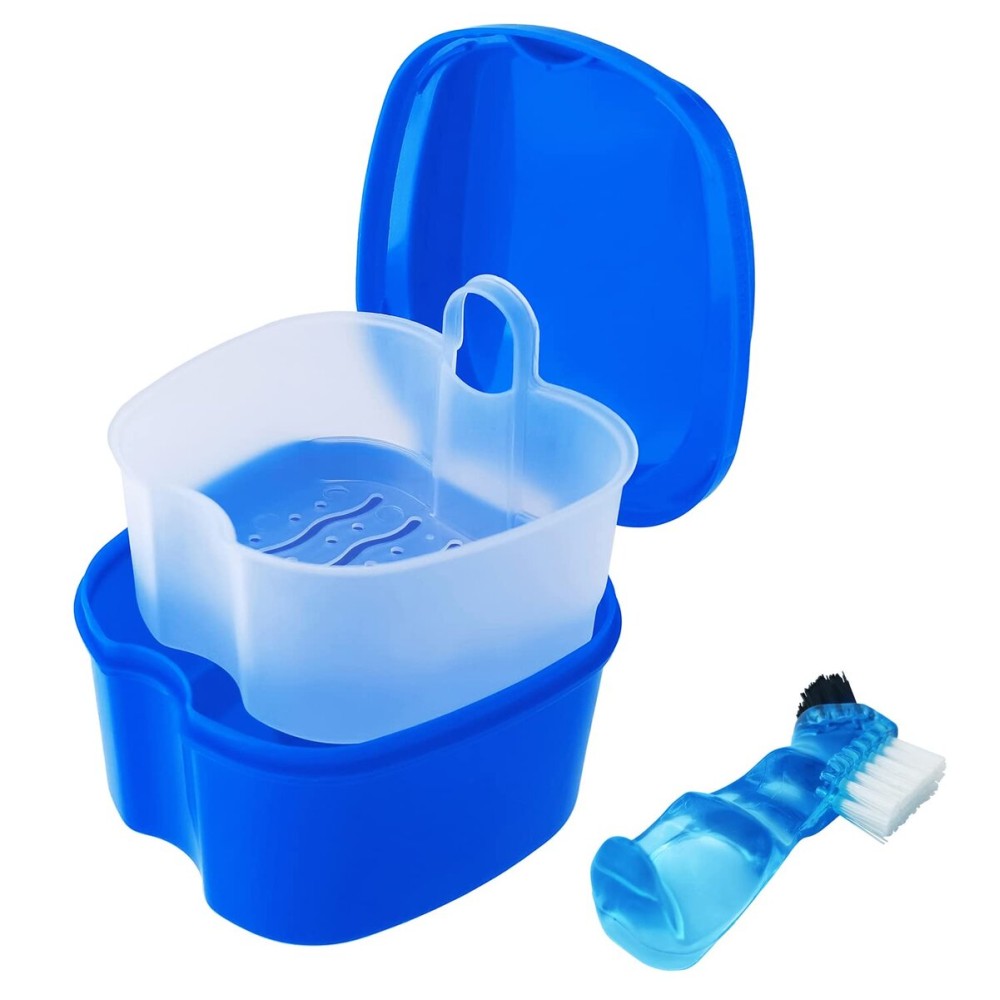 Dental Retainer Cup Holder Mouthguard Cleaning Case with Strainer Basket, Denture Bath Box Storage Cup Holder for Travel Cleaning - Dark Blue