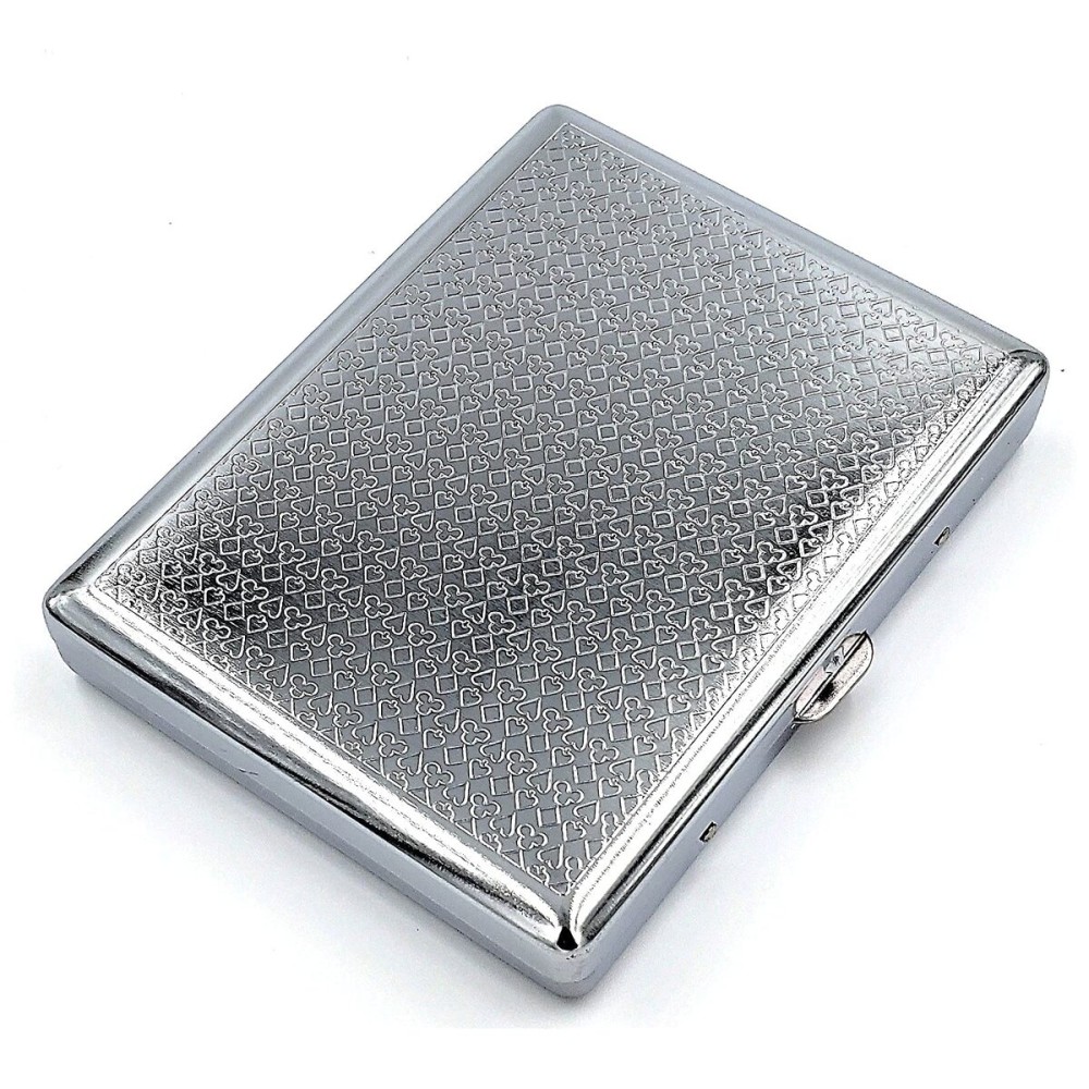 Retro Cigarette Case Victorian Style Metal Holder for Regular, King and 100\'s Size Credit Card Holder, Large with Poker Pattern (Ace-L100, Silver)
