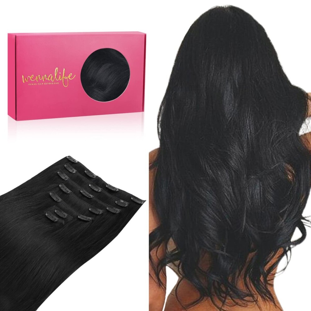 WENNALIFE Clip in Hair Extensions Real Human Hair, 18 Inch 120g 7pcs Jet Black Hair Extensions Clip in Human Hair Remy Clip in Hair Extensions Natural Human Hair Extensions Double Weft
