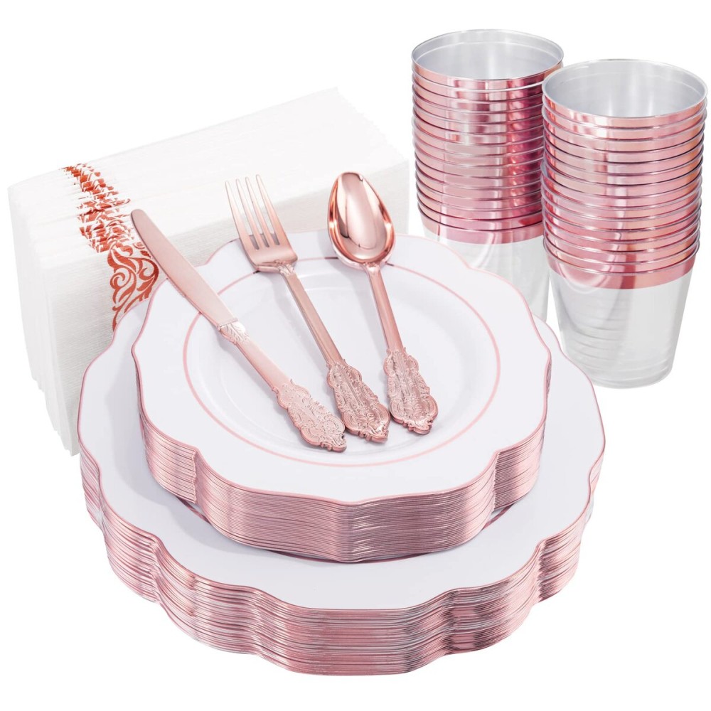 NOCCUR 175PCS Rose Gold Plastic Plates with Disposable Silverware - Include 25Dinner Plates, 25Dessert Plates, 25Forks, 25Knives, 25Spoons, 25Cups, 25Napkins for Wedding&Party