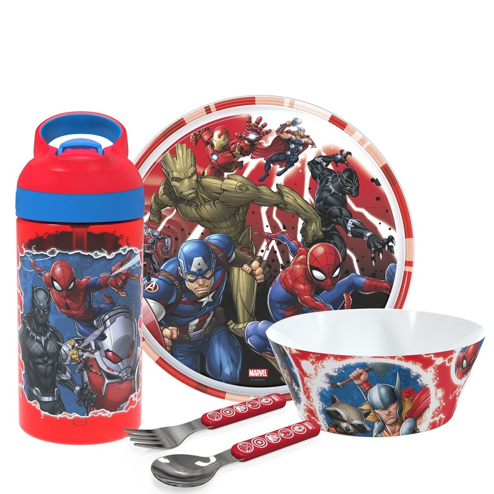 Zak Designs 5-Piece Dinnerware Set, Marvel Universe - Durable Plastic & Stainless Steel - Includes Water Bottle, 8-Inch Plate, 6-Inch Bowl, Fork & Spoon - Suitable for Kids Ages 3+
