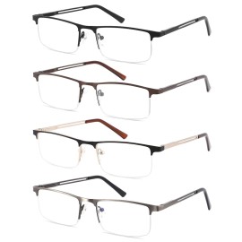 DILLY VISION 4 Pack Blue Light Blocking Reading Glasses for Men,Stylish Metal Frame Computer Readers with Sping Hinges Anti Glare/Eye Strain(+2.25 Strength)