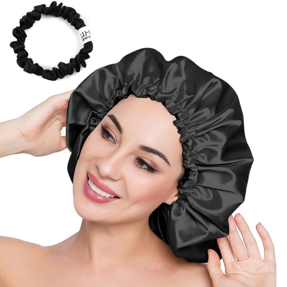ELIHAIR Silky Night Sleeping Cap Satin Bonnet for Curly Hair Adjustable Hair Bonnet Reversible Double Layer X-Large Jet Black