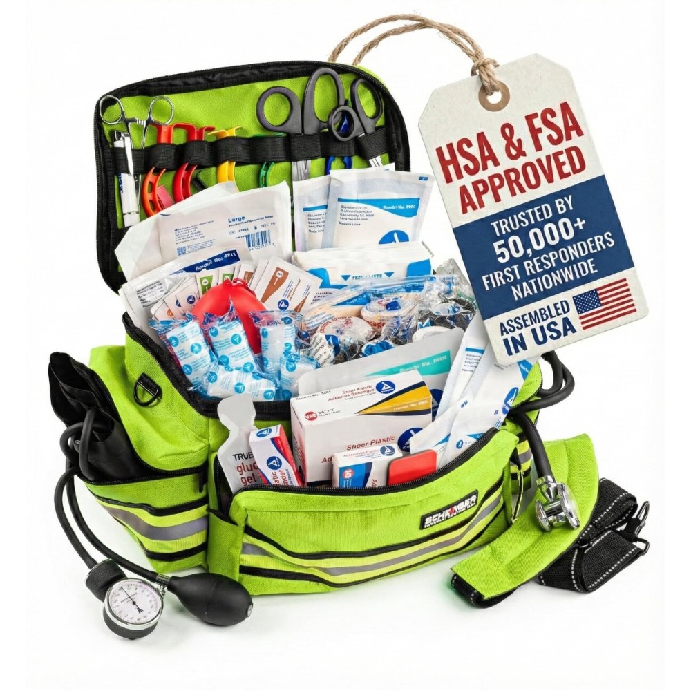 Scherber First Responder Fully-Stocked Professional Essentials EMT/EMS Trauma Kit | HSA/FSA Approved | Reflective Bag w/8 Zippered Pockets & Compartments & 200+ First Aid Supplies - Yellow