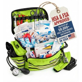 Scherber First Responder Fully-Stocked Professional Essentials EMT/EMS Trauma Kit | HSA/FSA Approved | Reflective Bag w/8 Zippered Pockets & Compartments & 200+ First Aid Supplies - Yellow