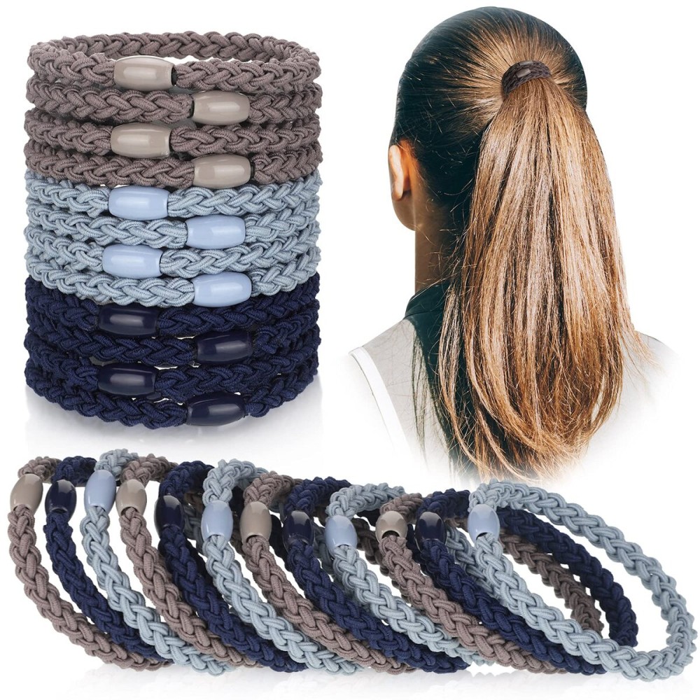 Chuangdi 12 Pieces Cotton Hair Ties Braided Elastic Hair Bands Ropes Braided Ponytail Holders Accessories for Women(Navy Blue, Sky Blue, Gray)