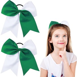 2 Packs Jumbo Cheerleading Bow 8 Inch Large Cheer Hair Bows with Ponytail Holder for Teen Girls Softball Outfit Uniform(White and Green)