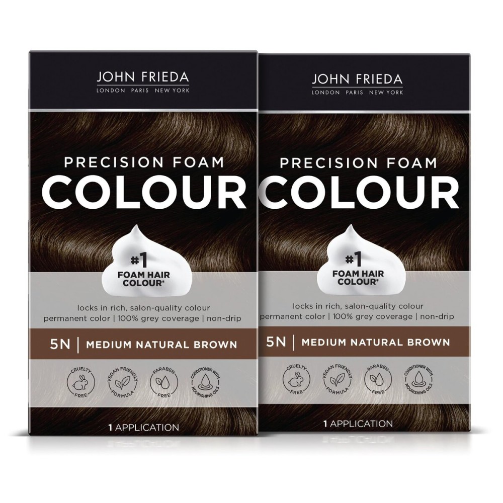 John Frieda Precision Foam Colour, Medium Natural Brown 5N, Full-coverage Hair Color Kit, Anti-Fade Gray Coverage, Deep Color Saturation Hair Dye, Pack of 2