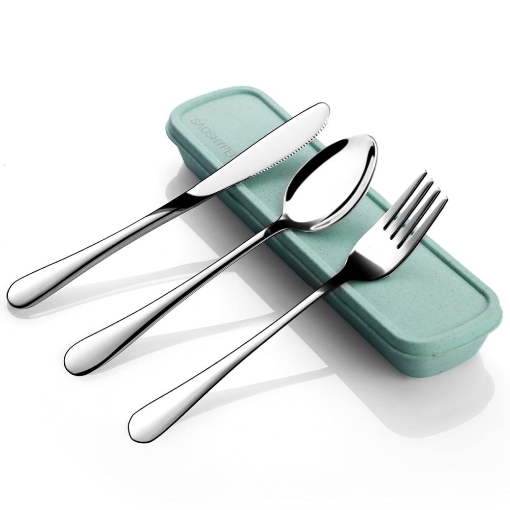 Travel Utensils with Case,SAOHYPEI Portable Silverware Set for Work, 4-Piece Stainless Steel Portable Cutlery Set,Lunch Box for Camping Work School, Include Fork Spoon Knife, Dishwasher Safe,Silver