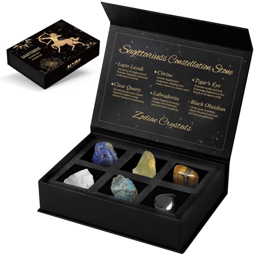 Sagittarius Crystals Gift Set, Zodiac Signs Healing Crystals Birthstones with Horoscope Box Set Sagittarius Astrology Crystals Healing Stones Gifts