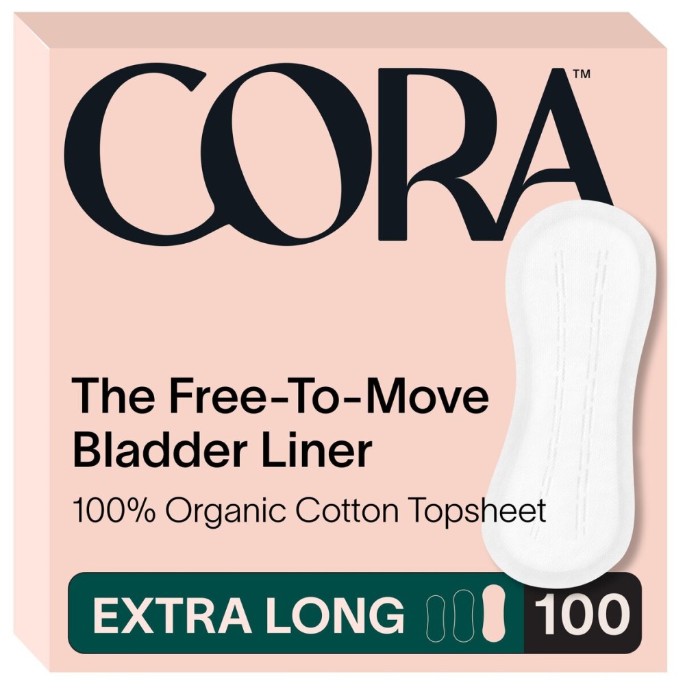 Cora Organic Bladder Liners | Ultra Thin Incontinence & Postpartum Pads for Women | Panty Liners for Bladder Leaks | Breathable Cotton (100 Extra Long)