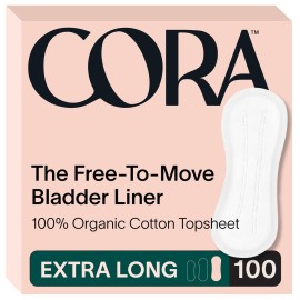 Cora Organic Bladder Liners | Ultra Thin Incontinence & Postpartum Pads for Women | Panty Liners for Bladder Leaks | Breathable Cotton (100 Extra Long)