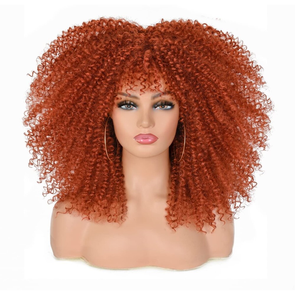 ANNISOUL Curly Wigs for Black Women Afro Bomb Curly Wig with Bangs Synthetic Fiber Glueless Long Kinky Curly Hair Copper 16inch