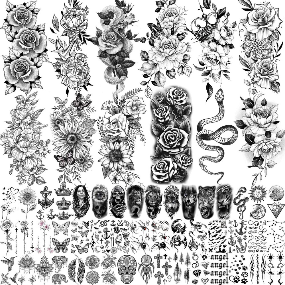 COKTAK 59 Sheets Sexy 3D Rose Flower Temporary Tattoos For Women Girls Arm Neck, Snake Floral Sunflower Leaf Peony Fake Tattoo Sticker Adult, Black Realistic Temp Tatoos Moon Dandelion Butterfly Thigh