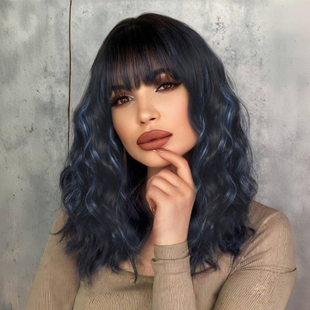Ucubb Short Curly Wigs with Bangs for Women 14 Inches Wavy Bob Wig Synthetic Heat Resistant Fiber Wigs (Black Mixed Blue)