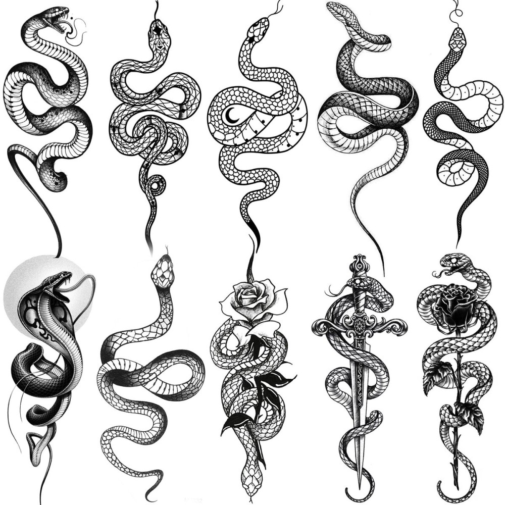 Goromon 10 Sheets Realistic Snake Temporary Tattoos For Women Men Forearm Arm Sexy 3D Tribal Cobra Mamba Viper Serpent Tattoos Temporary Adults Kids Fake Tattoos Sticker Black Sword Rose Flower Tatoos