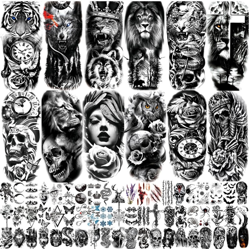 JEEFONNA 82 Sheets Temporary Tattoo for Men Women Adults, Include 12 Sheets Black 3D Half Sleeve Temporary Tattoos, Halloween Tattoos Scary Lion Wolf Tiger Skull Skeleton Tattoos Stickers